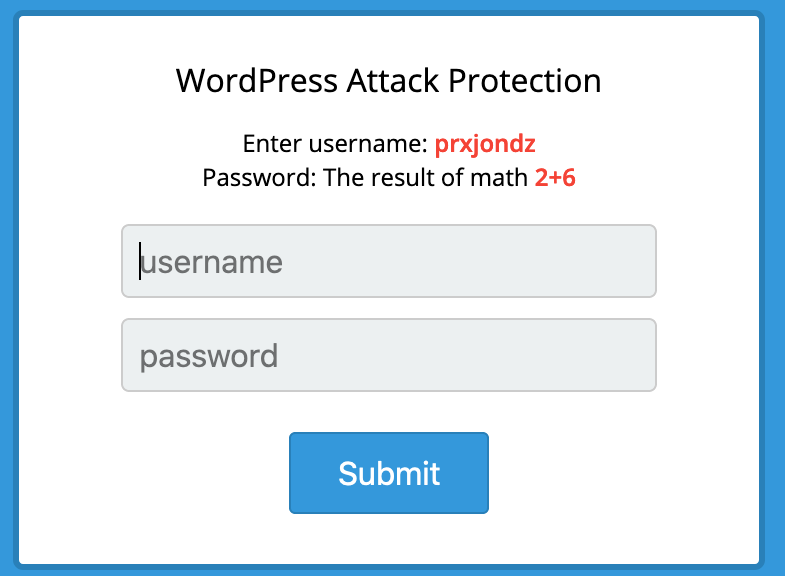 Wordpress Attack Protectin authorization challenge screenshot